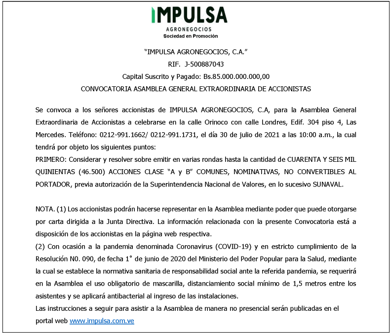 Convocatoria a la Asamblea General Extraordinaria de Accionistas de Impulsa Venture